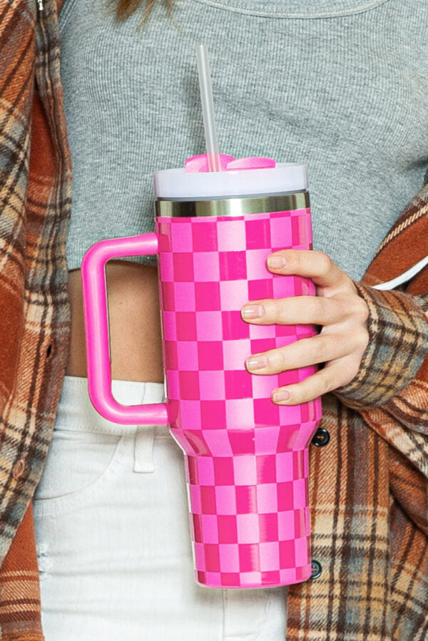 Bright Pink Checkered Print Stainless Steel Handled Tumbler Cup – 40oz | Insulated Travel Mug